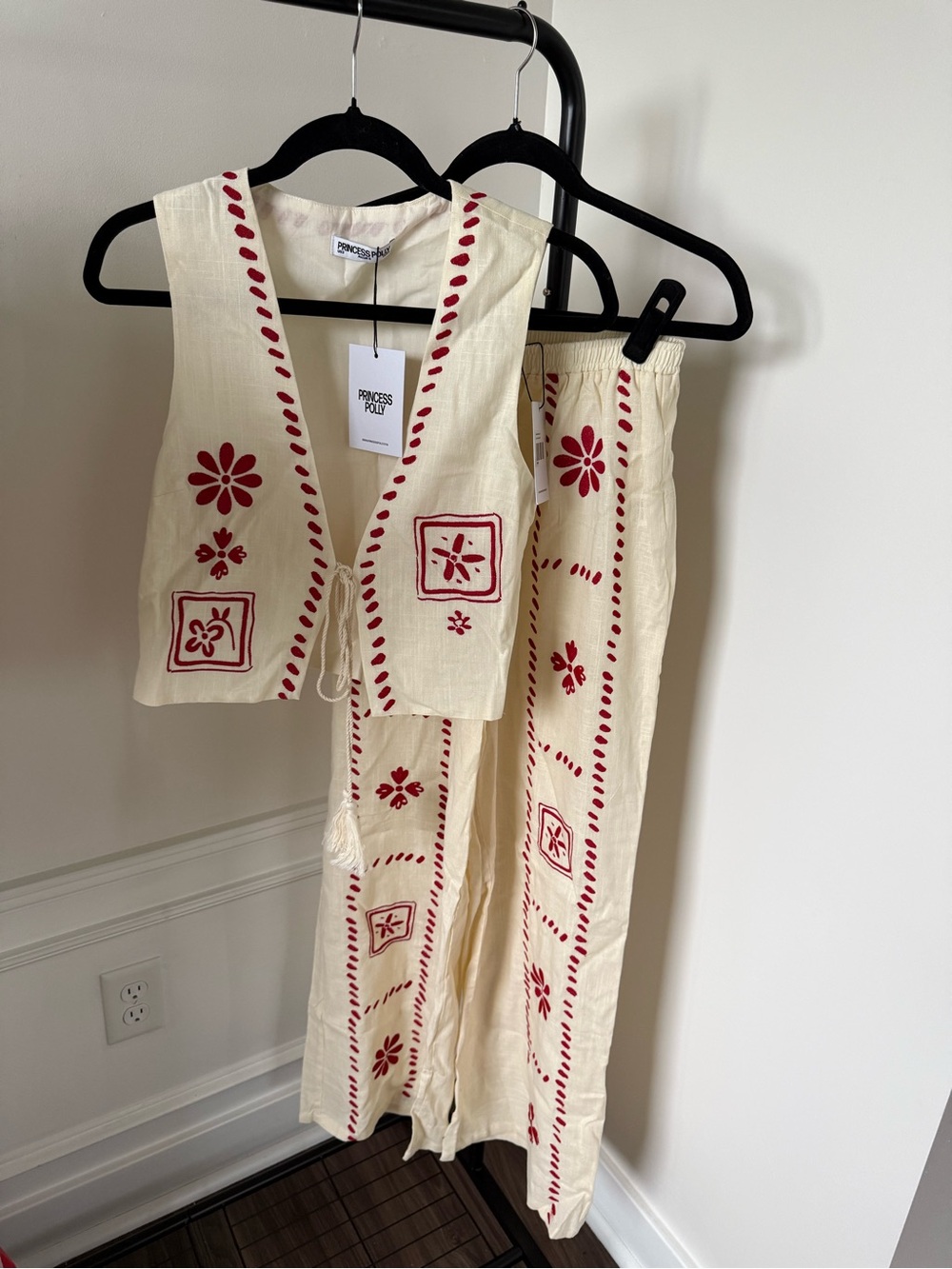 Princess Polly Cream Two-Piece Embroidered Set with Red Accents
